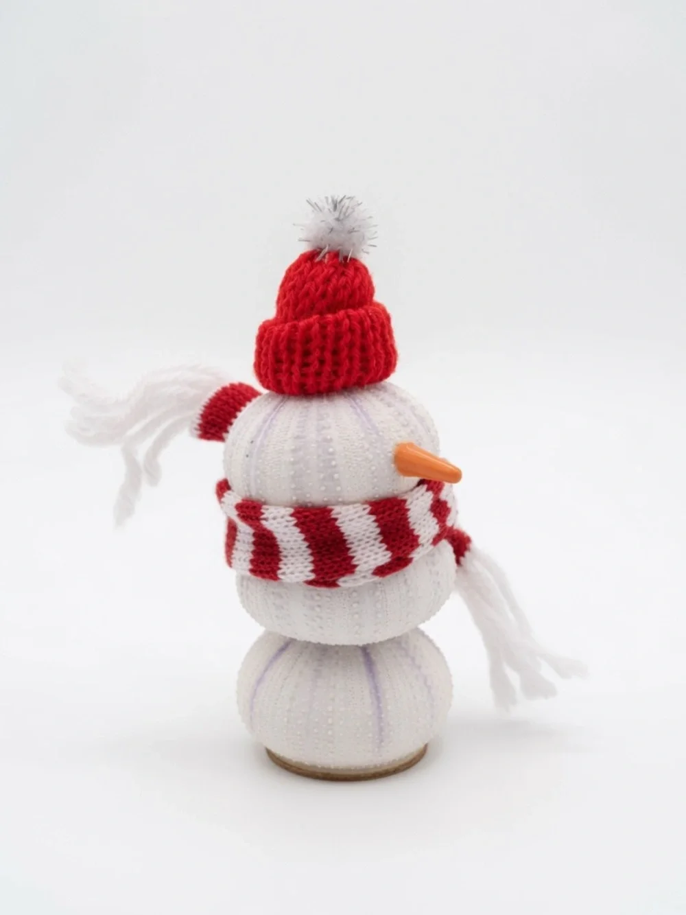 Natural sea urchin  Snowman Figure with Red Hat & Striped Scarf handmade